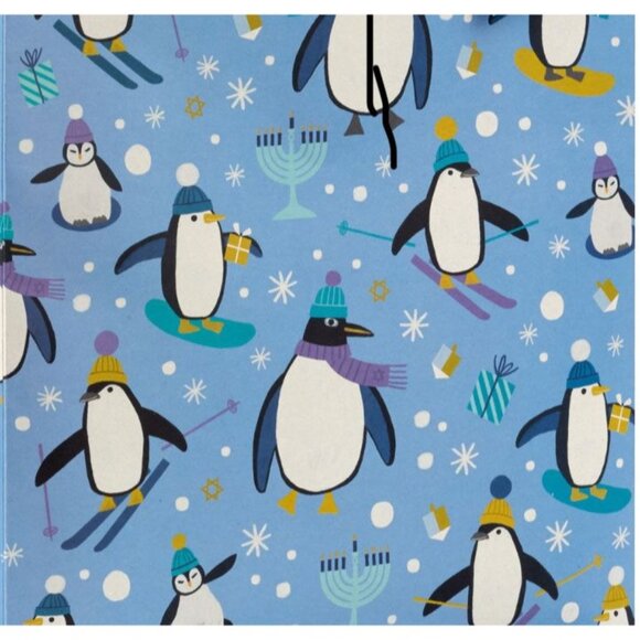 Hallmark Wrapping Paper Hanukkah Skiing Penguins/Stars of David Reversible 30 sq - Picture 1 of 5